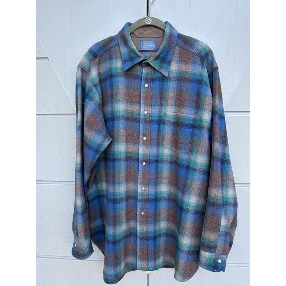 Pendleton vintage 1970's Board Shirt Teal Plaid 100% Wool Sz XL Made In USA - Picture 1 of 8